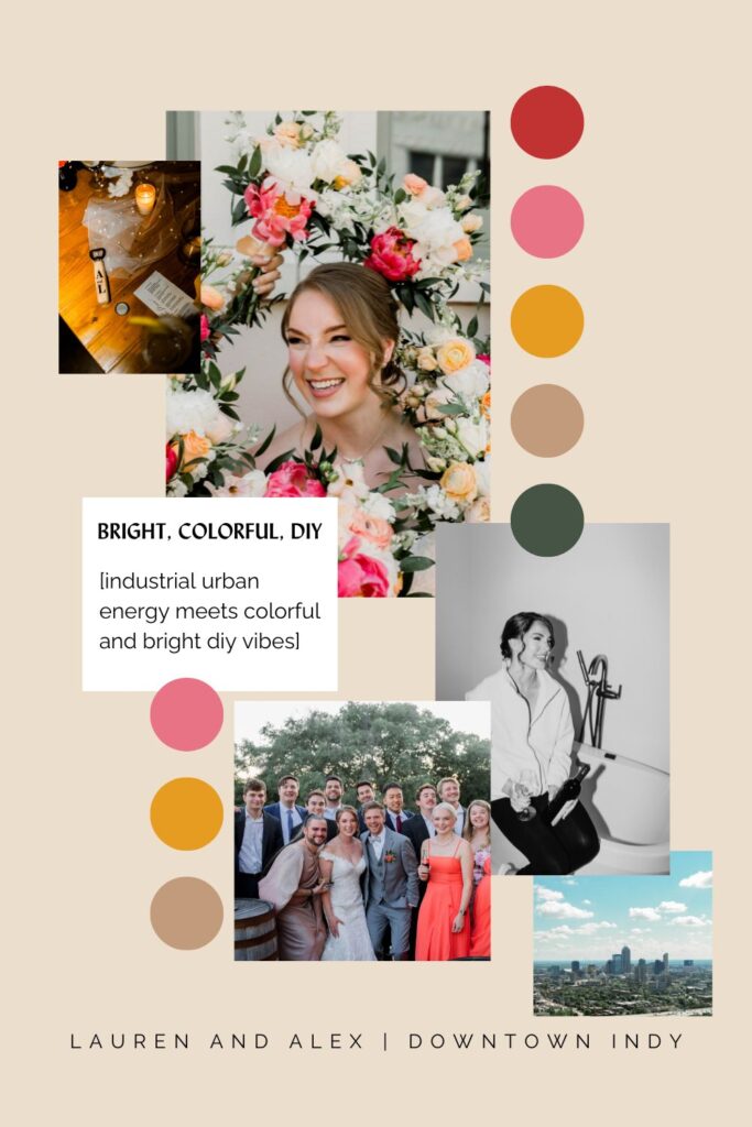 mood board aesthetics for colorful downtown Indianapolis wedding. 