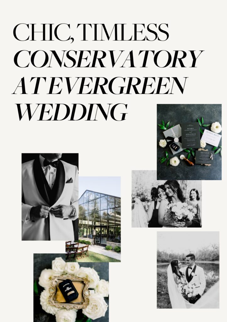 wedding moodboard for a chic, timeless conservatory at evergreen wedding with flat lays, venue details, and photos of the wedding couple. 